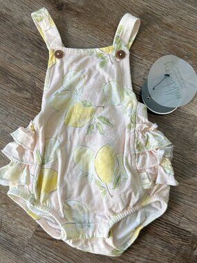 NWT Milkberry Baby Girl 0-3 Months Bubble Romper Yellow Lemon Bamboo Ruffle